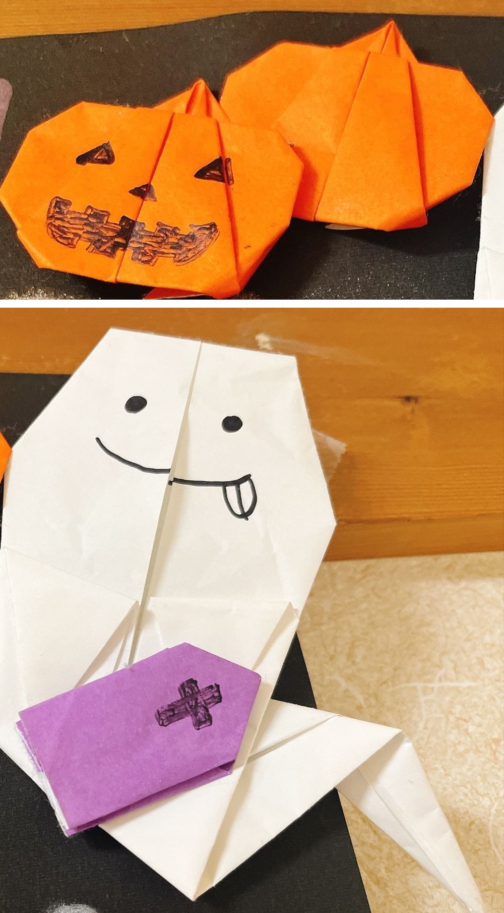 オレンジの折り紙で作ったかぼちゃと、白い折り紙で作ったおばけ